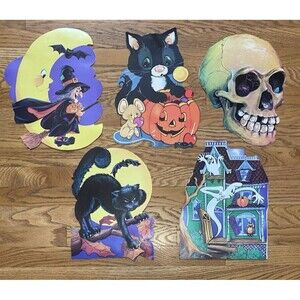 Vintage Eureka Halloween Skull Haunted House Cat Witch Cut Out Wall Decor Lot 5